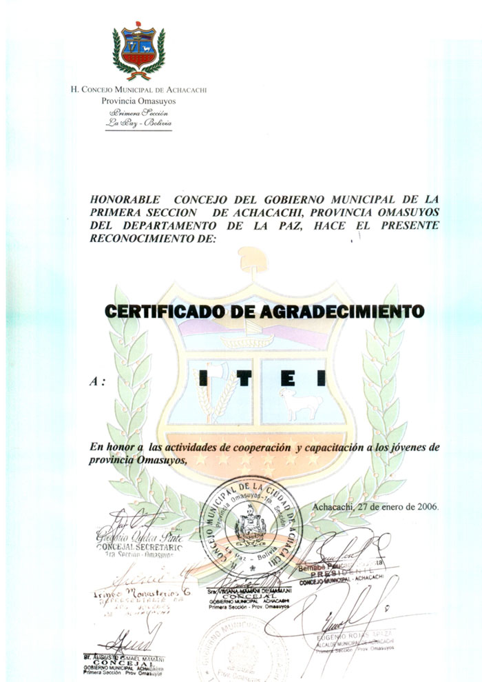 Agradecimiento por parte del Honorable Consejo del Gobierno Municipal de la Primera Sección de Achacachi, Provincia Omasuyos en 2006, en honor a las actividades de cooperación y capacitación a los jóvenes de la provincia