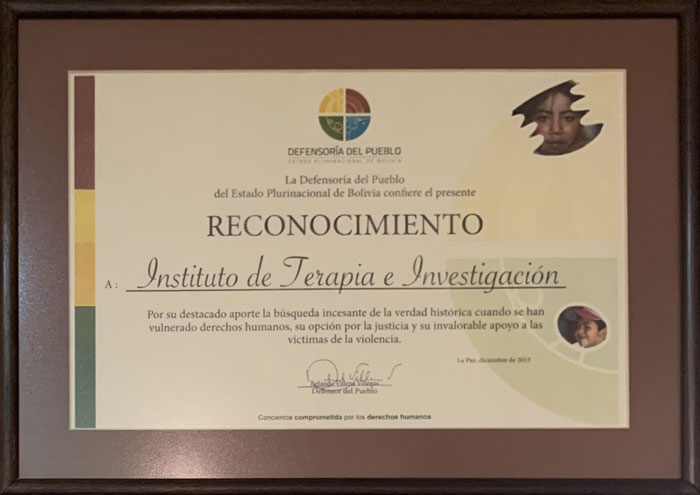 La Defensoría del Pueblo del Estado Plurinacional de Bolivia reconoció al ITEI en 2013 por el trabajo por los Derechos Humanos y la justicia
