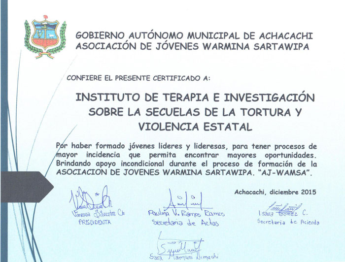 El Gobierno autónomo municipal de Achacachi y la Asociación de Jóvenes Warmina Sartawipa reconoció al ITEI en diciembre de 2015 por su trabajo con los jóvenes de Achacachi y el apoyo durante el proceso de formación de la asociación