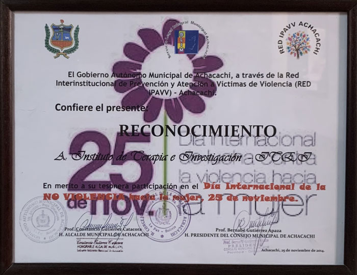El Gobierno Autónomo Municipal de Achacachi, a través de la Red Interinstitucional de Prevención y Atención a Víctimas de Violencia (Red IPAVV) reconoció al ITEI en 2014 por la participación en el “Día Internacional de la NO VIOLENCIA hacía la mujer, 25 de noviembre”